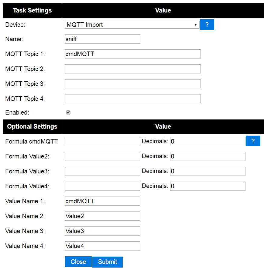 MQTT Import settings