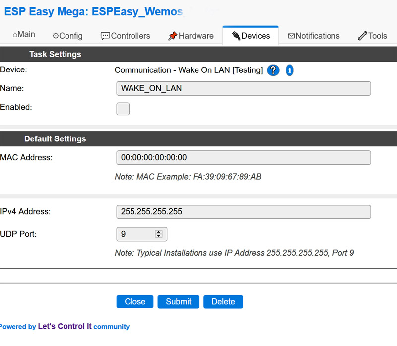 Wake On LAN Device Page