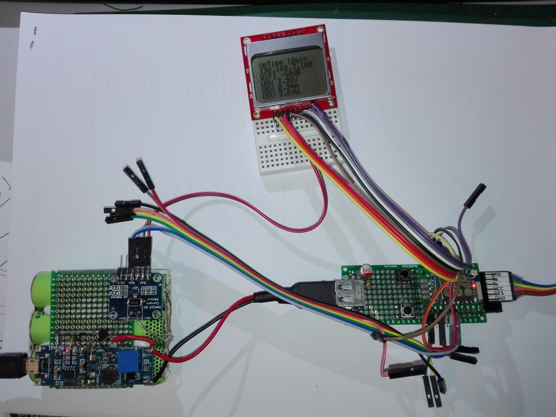 My Hardware (LiIo 1S charger, StepUp driver - 5V output - for OrangePI PC, INA219, ESP-07 on breadboard PCB, PCD8544 in hardware SPI mode)