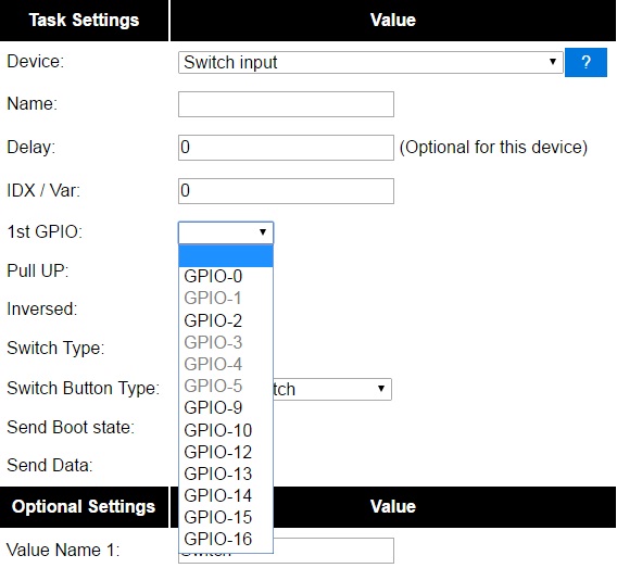 Gpio Pins Dropdown list