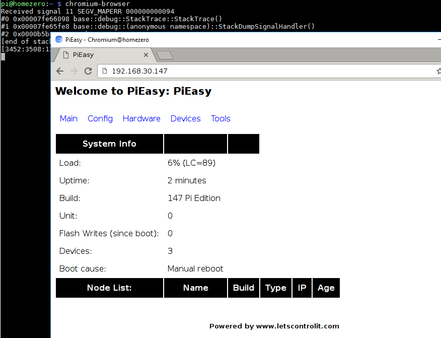 Pi with running PiEasy serving his webpage to a Chromium browser which also runs on the Pi :-)